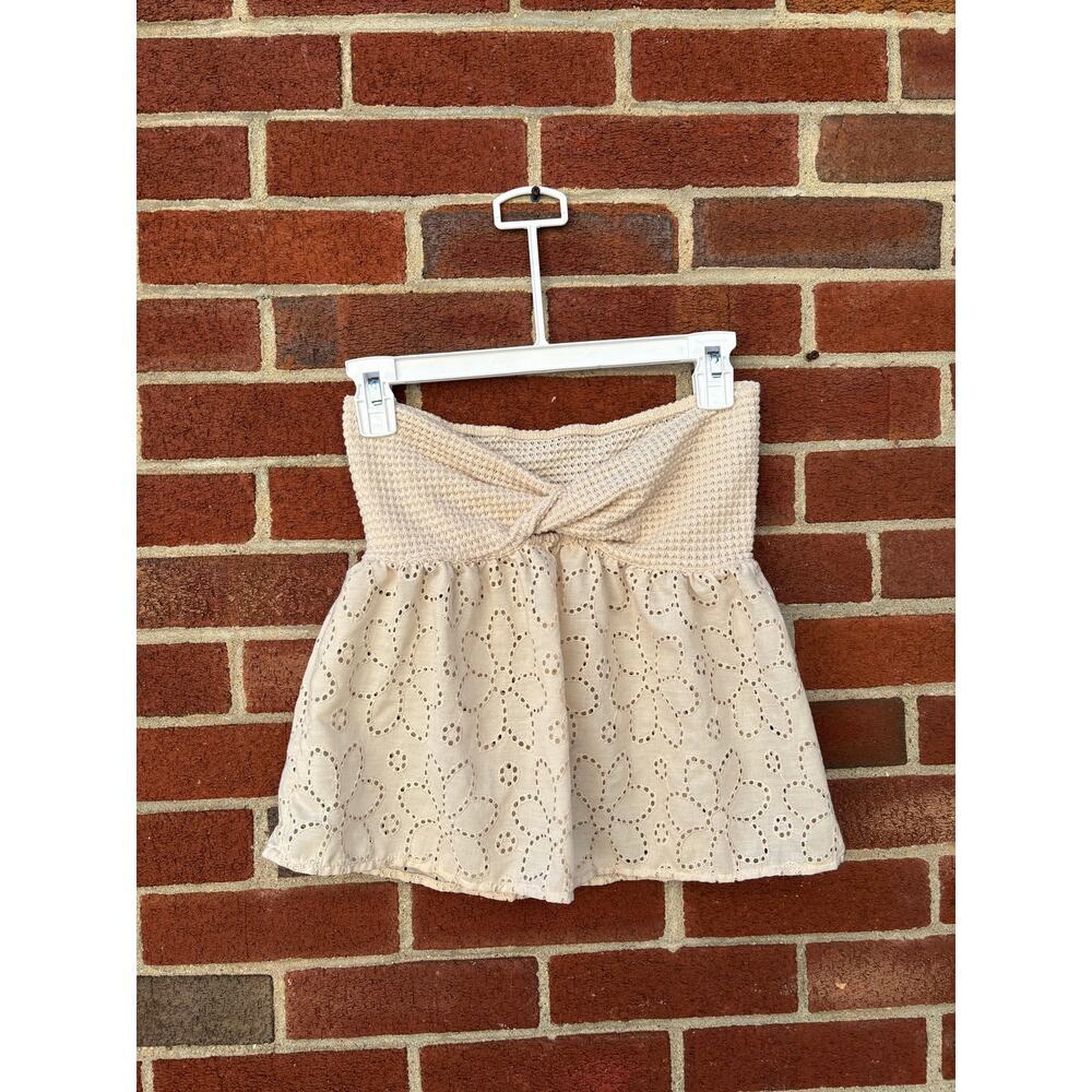 Strapless Eyelet Tube Top XS Beige Floral Embroidered Boho Blouse - Picture 3 of 8